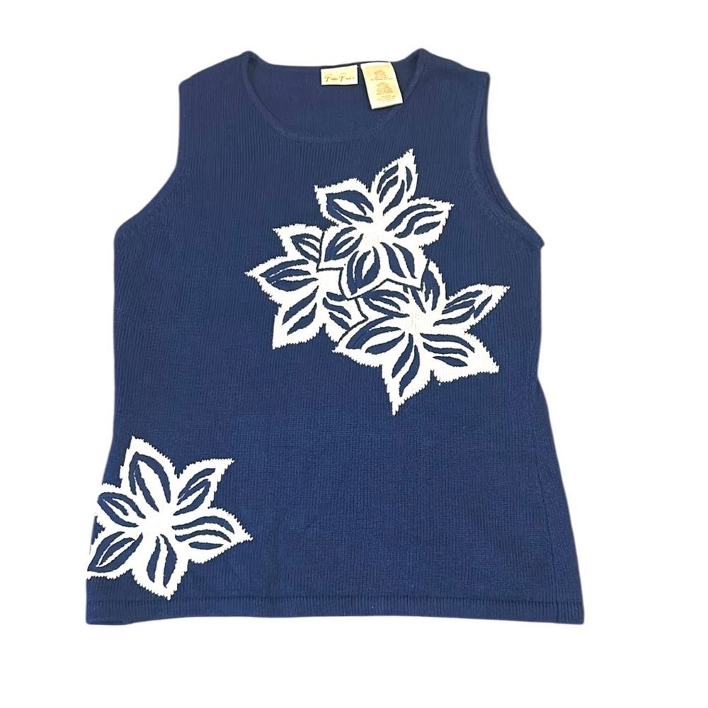 Bobbie Brooks Vintage Blue White Flower Sleeveless Sweater Women’s Size Medium